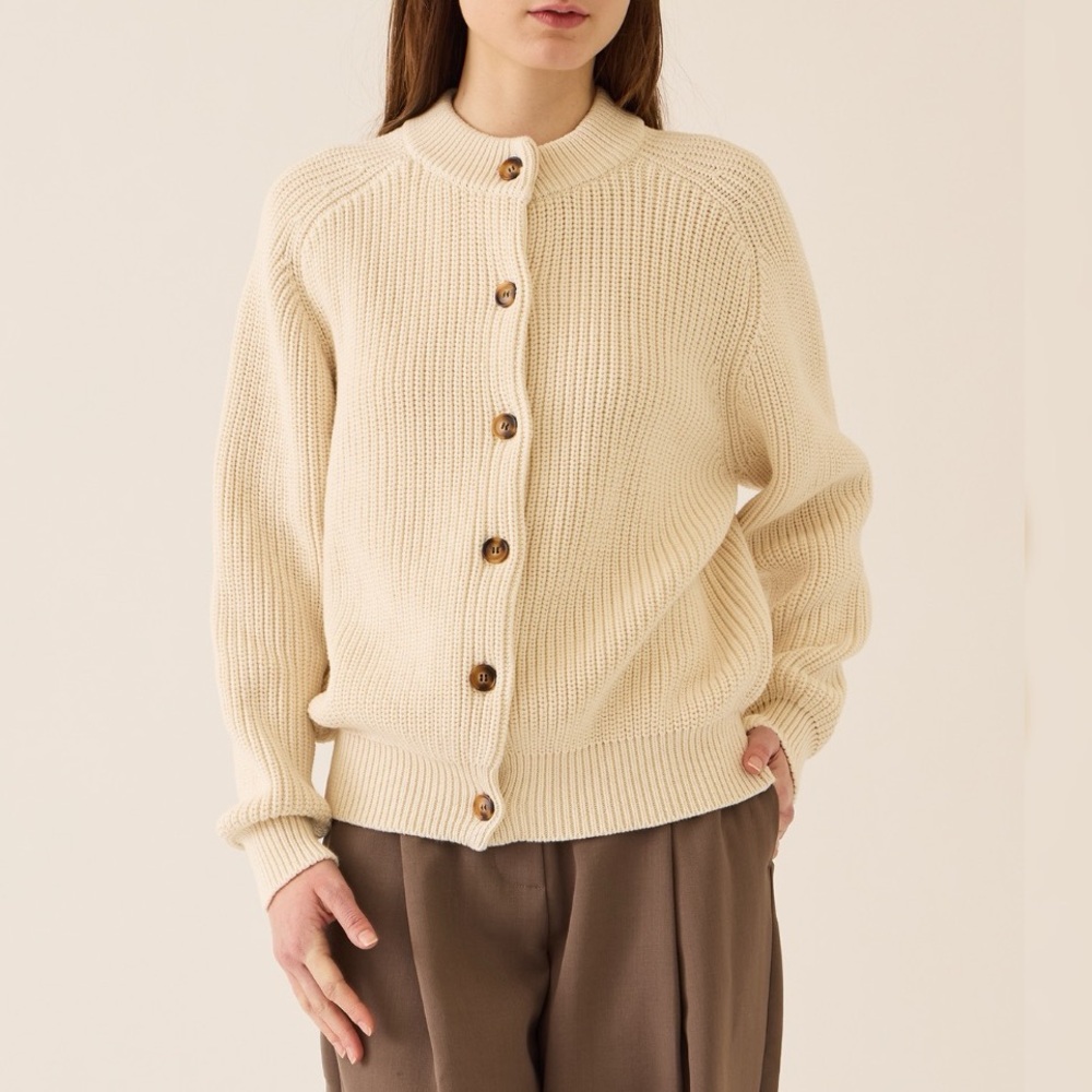 Demy by Demylee Audrey Cardigan Sweater Large Cream Fisherman Chunky Minimalist - Picture 3 of 11